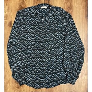 A.L.C. Blouse Womens Size 8 Black Blue Geometric Wave 100% Silk Button Up Shirt